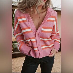Pink and Red Striped Sweater Cardigan - Size Large